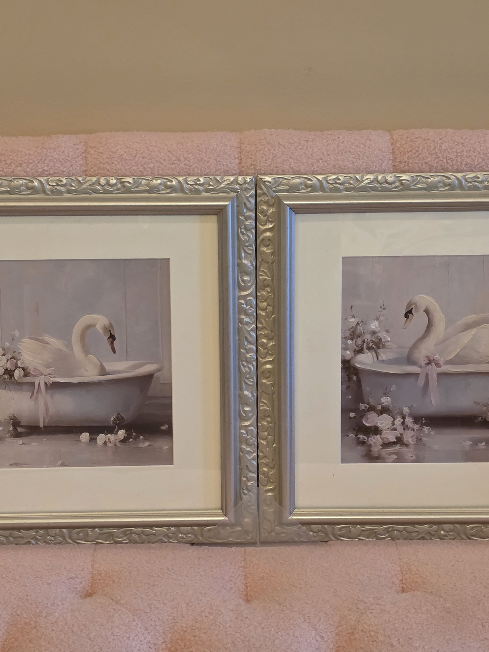 Shabby Chic Set of 2 Swan Wall Art Prints in Silver Frames - Pink Accents